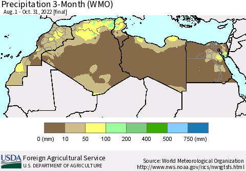 North Africa Precipitation 3-Month (WMO) Thematic Map For 8/1/2022 - 10/31/2022