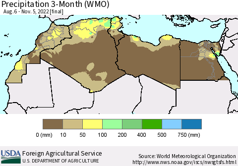 North Africa Precipitation 3-Month (WMO) Thematic Map For 8/6/2022 - 11/5/2022