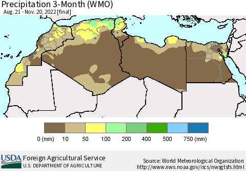 North Africa Precipitation 3-Month (WMO) Thematic Map For 8/21/2022 - 11/20/2022