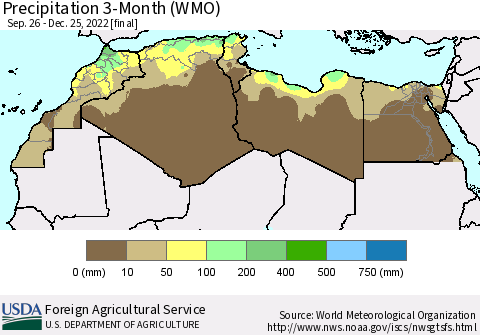 North Africa Precipitation 3-Month (WMO) Thematic Map For 9/26/2022 - 12/25/2022