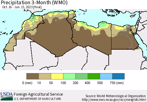 North Africa Precipitation 3-Month (WMO) Thematic Map For 10/16/2022 - 1/15/2023