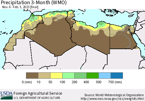 North Africa Precipitation 3-Month (WMO) Thematic Map For 11/6/2022 - 2/5/2023