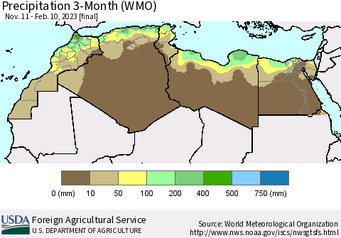 North Africa Precipitation 3-Month (WMO) Thematic Map For 11/11/2022 - 2/10/2023