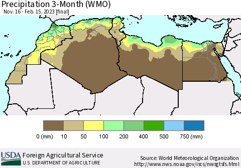 North Africa Precipitation 3-Month (WMO) Thematic Map For 11/16/2022 - 2/15/2023