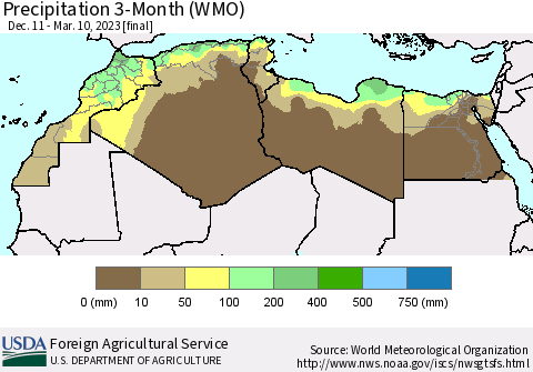 North Africa Precipitation 3-Month (WMO) Thematic Map For 12/11/2022 - 3/10/2023