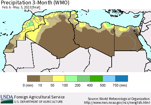 North Africa Precipitation 3-Month (WMO) Thematic Map For 2/6/2023 - 5/5/2023