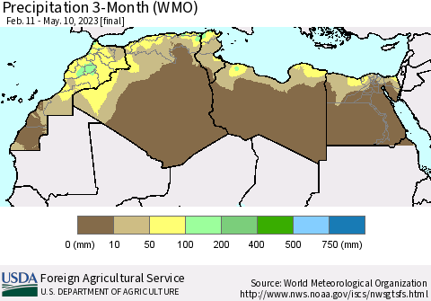 North Africa Precipitation 3-Month (WMO) Thematic Map For 2/11/2023 - 5/10/2023