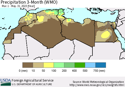 North Africa Precipitation 3-Month (WMO) Thematic Map For 3/1/2023 - 5/31/2023