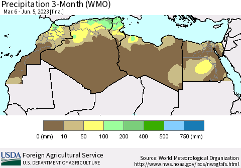 North Africa Precipitation 3-Month (WMO) Thematic Map For 3/6/2023 - 6/5/2023