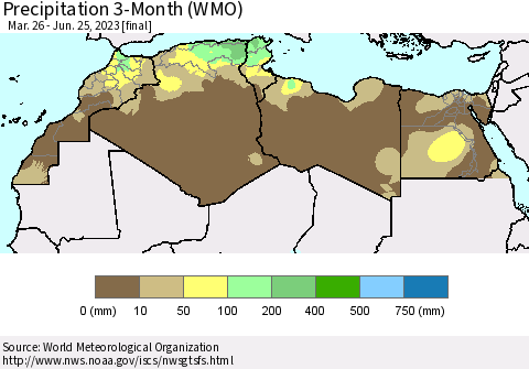 North Africa Precipitation 3-Month (WMO) Thematic Map For 3/26/2023 - 6/25/2023
