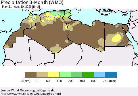 North Africa Precipitation 3-Month (WMO) Thematic Map For 5/11/2023 - 8/10/2023
