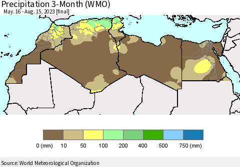 North Africa Precipitation 3-Month (WMO) Thematic Map For 5/16/2023 - 8/15/2023