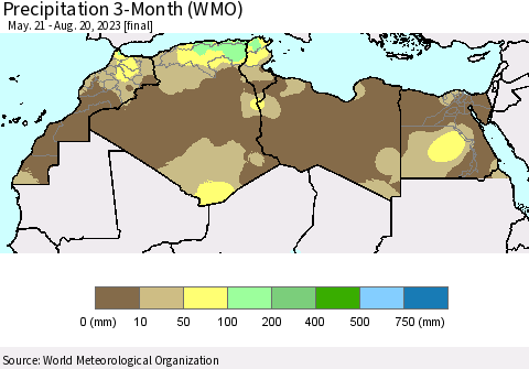 North Africa Precipitation 3-Month (WMO) Thematic Map For 5/21/2023 - 8/20/2023