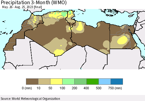North Africa Precipitation 3-Month (WMO) Thematic Map For 5/26/2023 - 8/25/2023