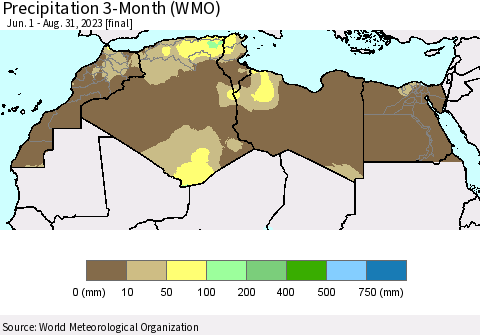 North Africa Precipitation 3-Month (WMO) Thematic Map For 6/1/2023 - 8/31/2023