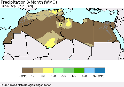 North Africa Precipitation 3-Month (WMO) Thematic Map For 6/6/2023 - 9/5/2023