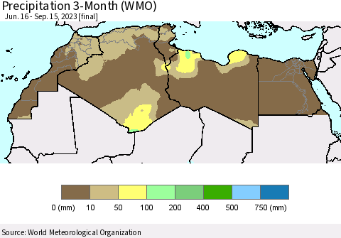 North Africa Precipitation 3-Month (WMO) Thematic Map For 6/16/2023 - 9/15/2023