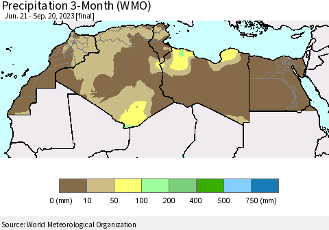 North Africa Precipitation 3-Month (WMO) Thematic Map For 6/21/2023 - 9/20/2023