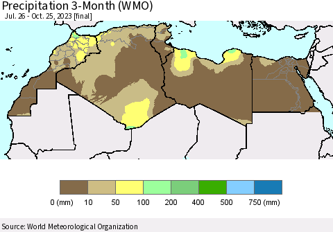 North Africa Precipitation 3-Month (WMO) Thematic Map For 7/26/2023 - 10/25/2023