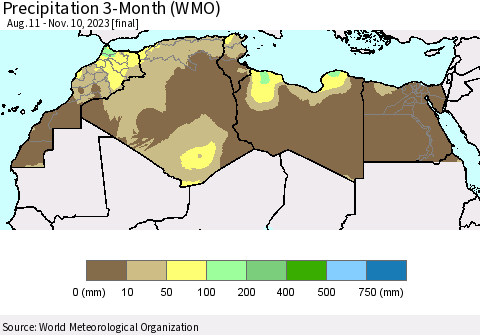North Africa Precipitation 3-Month (WMO) Thematic Map For 8/11/2023 - 11/10/2023