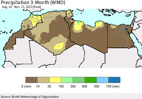 North Africa Precipitation 3-Month (WMO) Thematic Map For 8/16/2023 - 11/15/2023