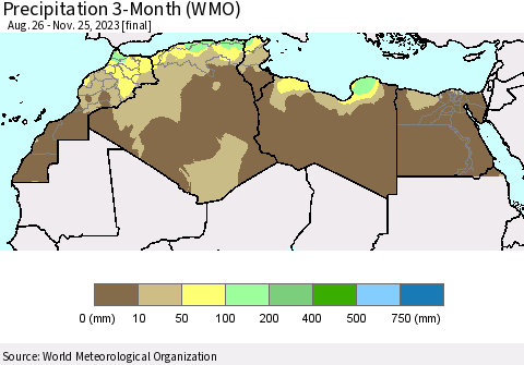 North Africa Precipitation 3-Month (WMO) Thematic Map For 8/26/2023 - 11/25/2023