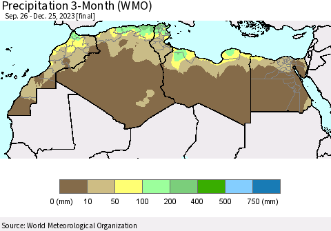North Africa Precipitation 3-Month (WMO) Thematic Map For 9/26/2023 - 12/25/2023