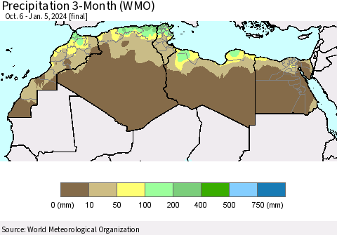 North Africa Precipitation 3-Month (WMO) Thematic Map For 10/6/2023 - 1/5/2024