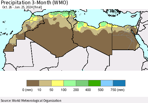 North Africa Precipitation 3-Month (WMO) Thematic Map For 10/26/2023 - 1/25/2024