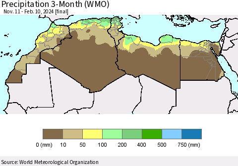 North Africa Precipitation 3-Month (WMO) Thematic Map For 11/11/2023 - 2/10/2024