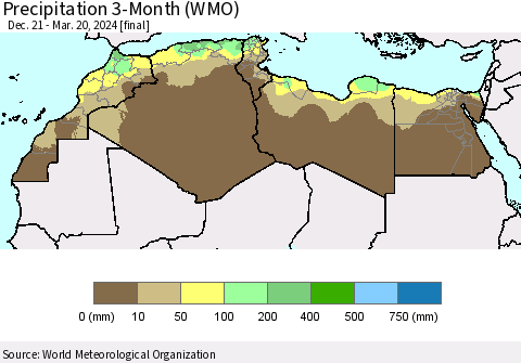 North Africa Precipitation 3-Month (WMO) Thematic Map For 12/21/2023 - 3/20/2024