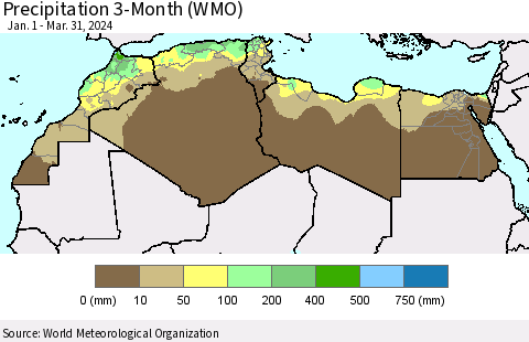 North Africa Precipitation 3-Month (WMO) Thematic Map For 1/1/2024 - 3/31/2024