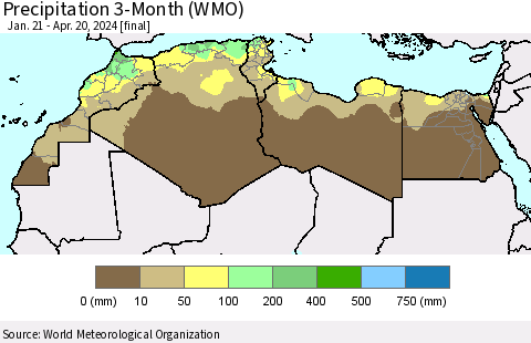 North Africa Precipitation 3-Month (WMO) Thematic Map For 1/21/2024 - 4/20/2024
