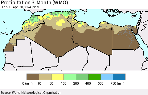 North Africa Precipitation 3-Month (WMO) Thematic Map For 2/1/2024 - 4/30/2024