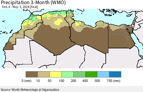 North Africa Precipitation 3-Month (WMO) Thematic Map For 2/6/2024 - 5/5/2024