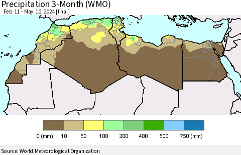 North Africa Precipitation 3-Month (WMO) Thematic Map For 2/11/2024 - 5/10/2024