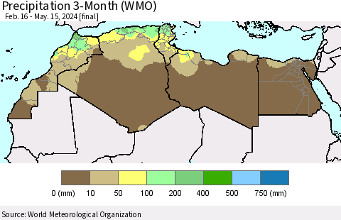 North Africa Precipitation 3-Month (WMO) Thematic Map For 2/16/2024 - 5/15/2024