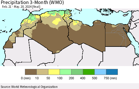 North Africa Precipitation 3-Month (WMO) Thematic Map For 2/21/2024 - 5/20/2024