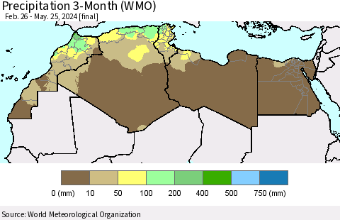 North Africa Precipitation 3-Month (WMO) Thematic Map For 2/26/2024 - 5/25/2024