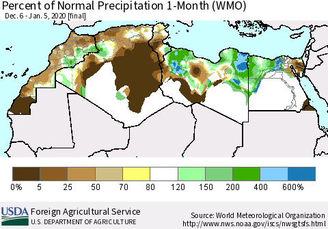 North Africa Percent of Normal Precipitation 1-Month (WMO) Thematic Map For 12/6/2019 - 1/5/2020