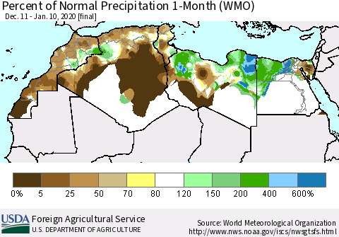 North Africa Percent of Normal Precipitation 1-Month (WMO) Thematic Map For 12/11/2019 - 1/10/2020