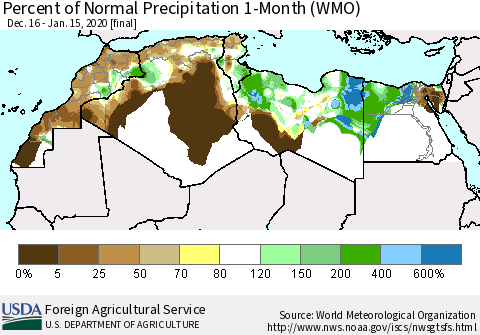 North Africa Percent of Normal Precipitation 1-Month (WMO) Thematic Map For 12/16/2019 - 1/15/2020