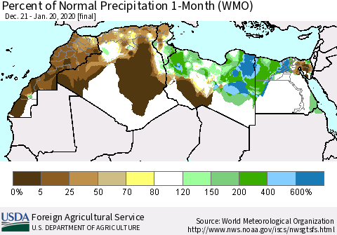 North Africa Percent of Normal Precipitation 1-Month (WMO) Thematic Map For 12/21/2019 - 1/20/2020