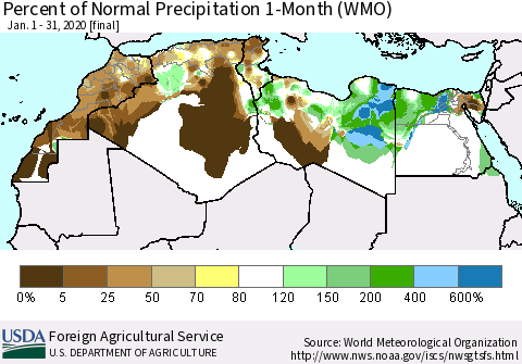 North Africa Percent of Normal Precipitation 1-Month (WMO) Thematic Map For 1/1/2020 - 1/31/2020