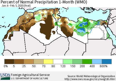 North Africa Percent of Normal Precipitation 1-Month (WMO) Thematic Map For 1/6/2020 - 2/5/2020