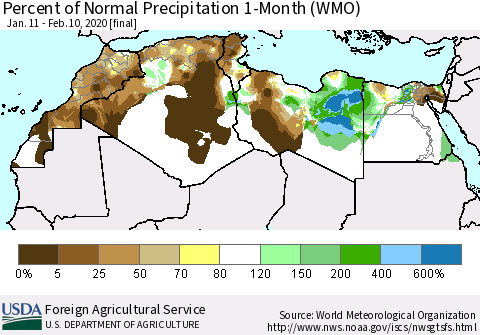 North Africa Percent of Normal Precipitation 1-Month (WMO) Thematic Map For 1/11/2020 - 2/10/2020