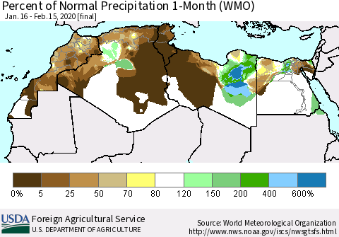 North Africa Percent of Normal Precipitation 1-Month (WMO) Thematic Map For 1/16/2020 - 2/15/2020