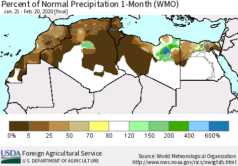 North Africa Percent of Normal Precipitation 1-Month (WMO) Thematic Map For 1/21/2020 - 2/20/2020