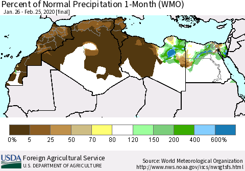 North Africa Percent of Normal Precipitation 1-Month (WMO) Thematic Map For 1/26/2020 - 2/25/2020