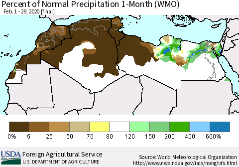 North Africa Percent of Normal Precipitation 1-Month (WMO) Thematic Map For 2/1/2020 - 2/29/2020